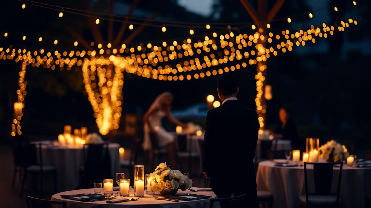 Recepción de boda premium iluminada con luces doradas en Santa Ana, El Salvador