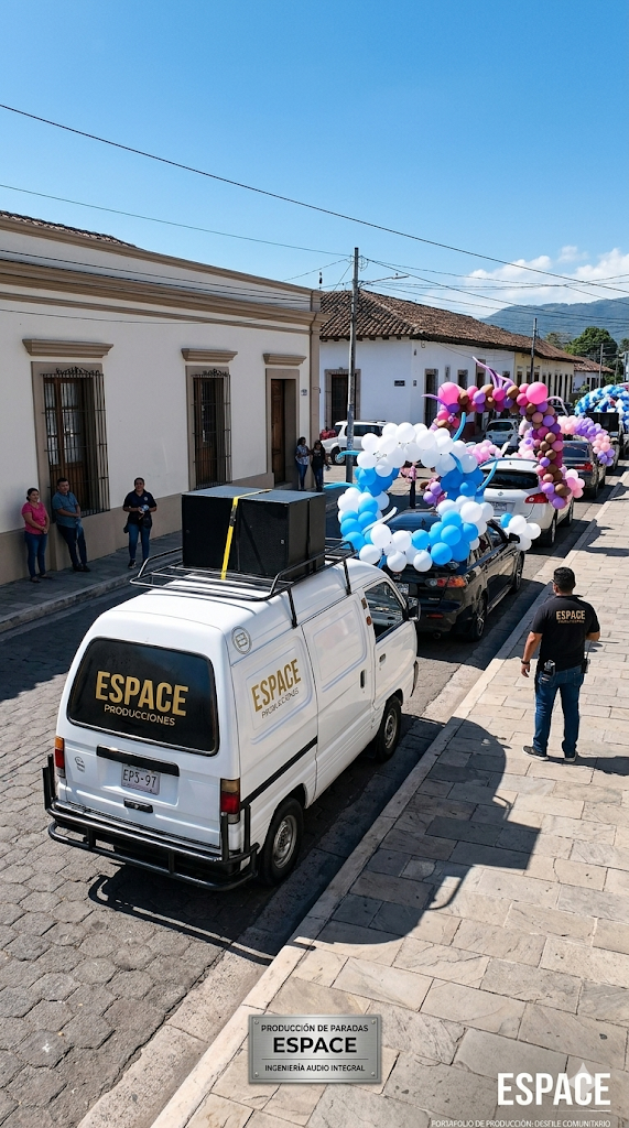 Van de perifoneo Espace Producciones en desfile escolar Santa Ana