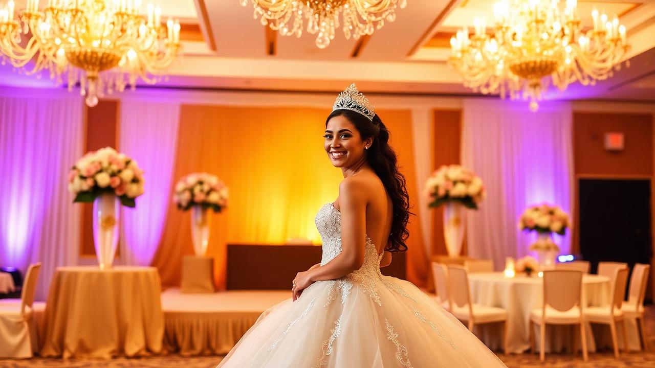 Quinceañera elegante con tiara en salón decorado en El Salvador